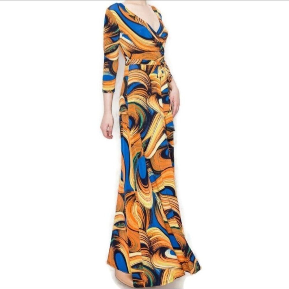 Janette Fashion Sunsets and Waves Faux Wrap 3/4 Sleeve Long Maxi Dress - Picture 4 of 4